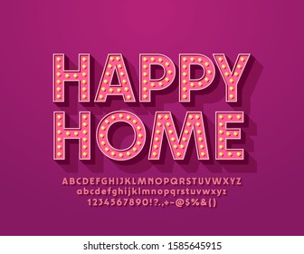 Vektor stylische Emblem Happy Home. Hell beleuchtete Schriftart. Alphabet-Buchstaben, Zahlen und Symbole der Glühbirne
