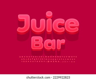 Vector stylish emblem Juice Bar. Cute Red 3D Font. Artistic Alphabet Letters and Numbers set.