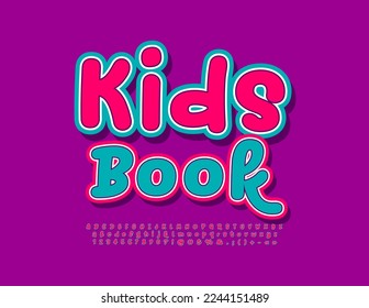 Vector stylish Emblem Kids Book. Handwritten Colorful Font. Bright creative Alphabet Letters, Numbers and Symbols