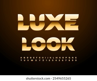 Vetor emblema elegante Luxe olhar com brilhante fonte dourada. Elegante conjunto de letras e números alfabéticos