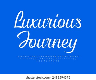 Vector stylish emblem Luxurious Journey. Beautiful Cursive Font. Trendy Alphabet Letters and Numbers set.