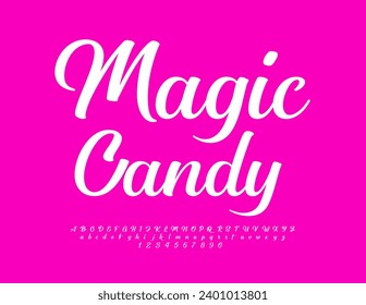 Vector stylish emblem Magic Candy. Beautiful Cursive Font. Modern Alphabet Letters, Numbers and Symbols.