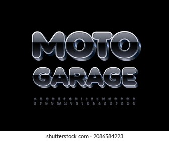Vektorstylisches Emblem Moto Garage. Alphabet-Buchstaben und -Zahlen aus Schwarz und Metall. Moderner HochglanzFont