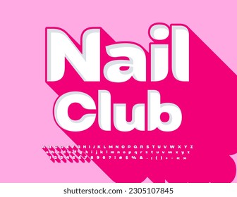 Vector Stylish Emblem Nail Club. Trendy 3D Font with red Shadow. Artistic Alphabet Letters, Numbers and Symbols