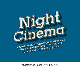 Vector elegante Emblem Night Cinema. Fuente 3D retro brillante. Letras, números y símbolos antiguos de alfabeto.