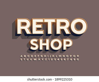 Vector stylish emblem Retro Shop. Vintage 3D Font. Trendy Alphabet Letters and Numbers set