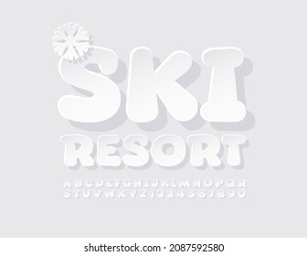 Vector stylish Emblem Ski Resort with decorative Snowflake. Cute White Font. Artistic Alphabet Letters and Numbers set.