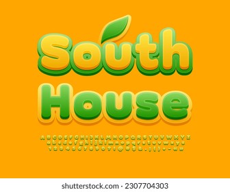 Vector stylish emblem South House. Yellow and Green creative Font. Modern Bright Alphabet Letters and Numbers