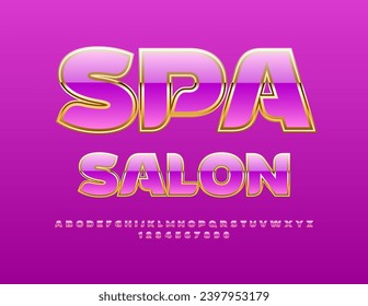Vector stylish emblem Spa Salon. Chic Pink and Golden Font. Set of elite Alphabet Letters and Numbers