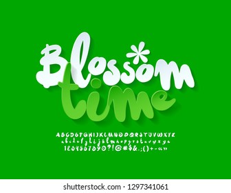 Vector stylish Emblem with text Blossom Time. Handwritten funny Alphabet Letters, Numbers and Symbols. White playful Font. 