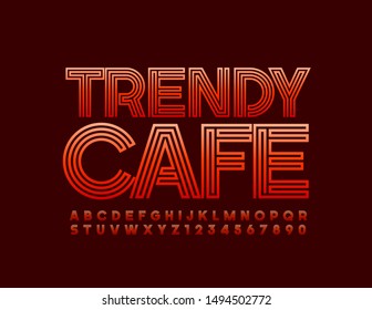 Vector elegante Emblem Trendy Cafe. Fuente roja brillante. Cartas y números de alfabeto coloridos.