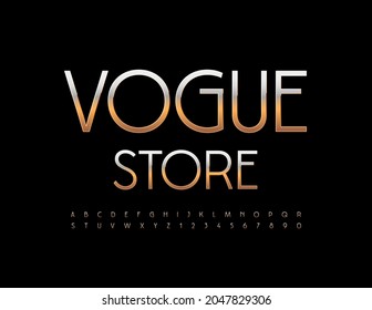 Emblema vectorial elegante Vogue Store. Elegante Fuente Dorada. Conjunto de letras y números de alfabeto de lujo