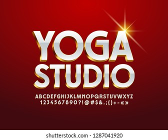 Vector Stylish emblem Yoga Studio. Elegant White and Golden Alphabet Letters, Numbers and Symbols. Bright 3D Font.