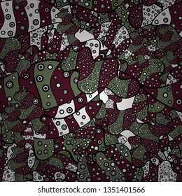 Vector. Stylish fabric pattern. Seamless Doodles green, black and purple on colors. Vintage.