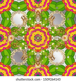 Vector. Stylish fabric pattern. Seamless Doodles green, gray and yellow on colors. Vintage.
