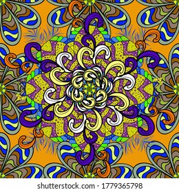 Vector. Stylish fabric pattern. Vintage. Seamless Doodles yellow, blue and black on colors.