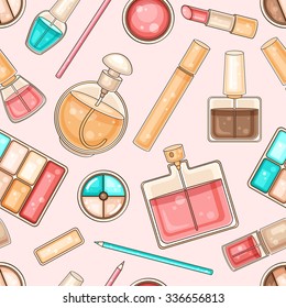 Vector stylish fashion seamless pattern with woman's make up tools and cosmetics