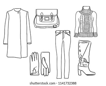 Vector stylish fashion set of woman's autumn, spring or winter clothes and accessories, silhouette. Casual colorful outfit with sweater, trousers, coat, gloves, bag and boots. EPS8