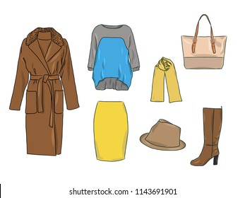 Vector stylish fashion set of woman's autumn, spring or winter clothes and accessories. Casual colorful outfit with jumper, skirt, coat, hat, bag, scarf and boots. EPS8