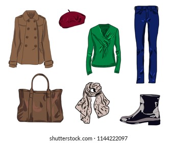 Vector stylish fashion set of woman's autumn, spring or winter clothes and accessories. Casual colorful outfit with jeans, coat, beret, bag, scarf,cardigan and boot. EPS8