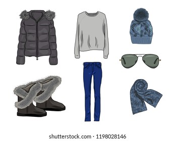 Vector stylish fashion set of woman's autumn, spring or winter clothes and accessories. Casual colorful outfit with jacket, jumper, cap, glases, scarf, jeans and boot. EPS10