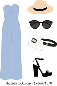Vector stylish fashion set of woman's clothes, and accessories. Summer set of clothes including a hat, sunglasses, a waist bag, sandals and a light sundress