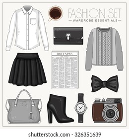 Vector stylish fashion set of woman's clothes and accessories. Black, grey and white outfit with shirt, skirt, sweater and high heeled boots