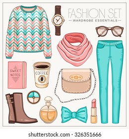 Vector stylish fashion set of woman's clothes, accessories and cosmetics. Casual pastel color autumn or spring outfit with sweater, trousers, scarf and boots