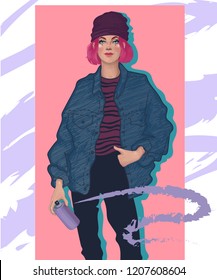 vector of a stylish fashionable girl rebel with pink hair holding a spray with paint, drawing graffiti on the walls 