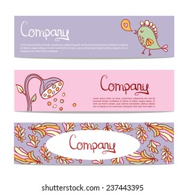 Vector stylish floral banners with bird. Bright doodle cartoon cards in vector. Abstract header vector background.