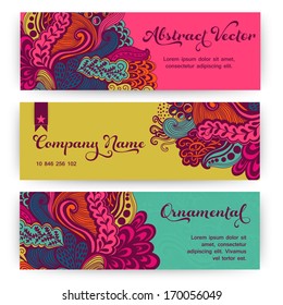 Vector stylish floral banners. Bright doodle cartoon cards in vector. Abstract header vector background. You can place your message above.