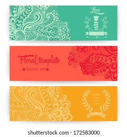 Vector stylish floral banners. Bright doodle cartoon cards in vector. Abstract header vector background. You can place your message above. Doodles. Waves. Ornament. Template for cards.
