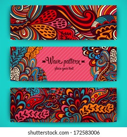 Vector stylish floral banners. Bright doodle cartoon cards in vector. Abstract header vector background. You can place your message above. Doodles. Waves. Ornament. Template for cards.