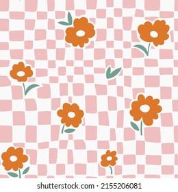 Vector stylish floral checkered seamless pattern. Decorative flowers and checkers seamless  teature. Repeating design for fabric, wallpaper or wrapping paper.