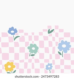 Vektorgrafik Stilvolle Blumenkarierte Y2K-Karte mit Platz für Ihren Text. Dekorative Blumen und Schachbrettmuster Textur. Visitenkarte, Einladung oder Flyer Design Vorlage.