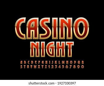 Vector stylish flyer Casino Night. Elegant chic Font. Red and Gold Alphabet Letters and Numbers set