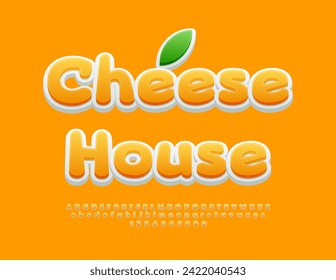 Vector stylish flyer Cheese House.  Trendy Yellow Font. Artistic Alphabet Letters and Numbers.