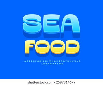 Vector Stylish flyer Sea Food for Cafe, Market and Shop. Isometric Blue Font. Creative Uppercase Alphabet Letters and Numbers.