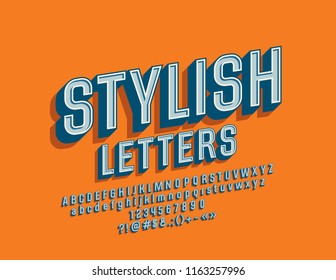 Vector Stylish Font. 3D Retro Style Alphabet Letters, Numbers And Symbols