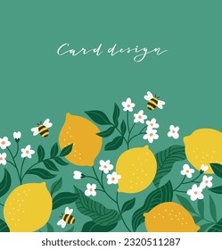 Vector stylish fruit card design. Blooming Lemon backround with place for text. Hand-drawn fruit frame illustration. 