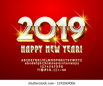 Vector elegante tarjeta de bienvenida Feliz Año Nuevo 2019 con fuente de lujo 3D. Gran Alfabeto Dorado