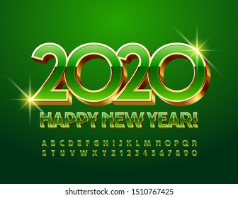 Vector stylish Greeting Card Happy New Year 2020. Chic 3D Font. Green and  Golden Alphabet.