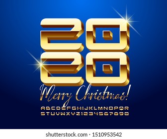 Vector elegante tarjeta de felicitación Feliz Año Nuevo 2020 con fuente de lujo 3D. Letras y números del alfabeto de oro gic.