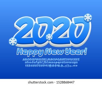 Vector stylish Greeting Card Happy New Year 2020. Bright Alphabet Letters and Numbers. Creative Blue and White Font.