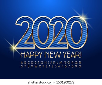 Vector stylish Greeting Card Happy New Year 2020. Golden Alphabet Letters and Numbers. Elegant slim Font