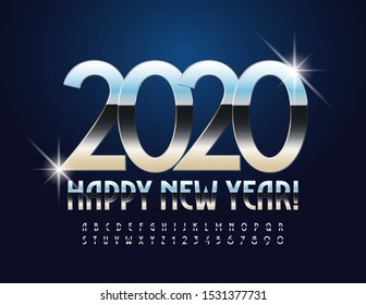 Vector stylish Greeting Card Happy New Year 2020. Luxury Alphabet Letters and Numbers. Elegant Silver Font