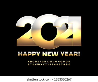 Vector stylish Greeting Card Happy New Year 2021! Shiny luxury Font. Golden Alphabet Letters and Numbers set