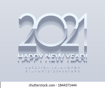 Vector elegante tarjeta de saludo Feliz Año Nuevo 2021! Fuente Elegante Plata. Juego de letras y números cromados de primera calidad