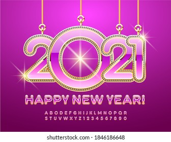 Vector stylish greeting card Happy New Year with Brilliant Ornate toys 2021. Pink and Gold luxury Font. Creative Alphabet Letters and Numbers