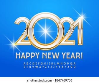 Vector stylish greeting card Happy New Year 2021! Shiny White and gold Font. Luxury style Alphabet Letters and Numbers